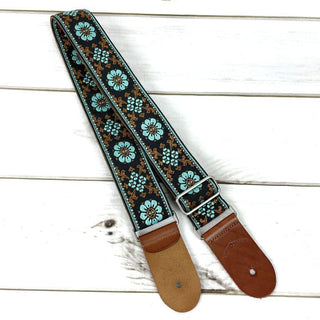 Walker and Williams: H-41 Vintage Series Plush Back Aqua Mandala Woven Strap w/Chestnut Ends