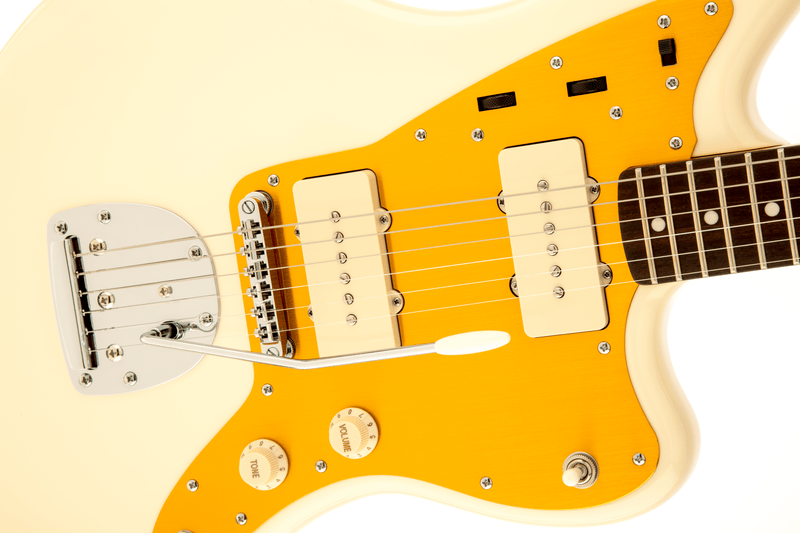 Squier J Mascis Jazzmaster - Gold Anodized Pickguard - Vintage White with Fender Deluxe Molded Case