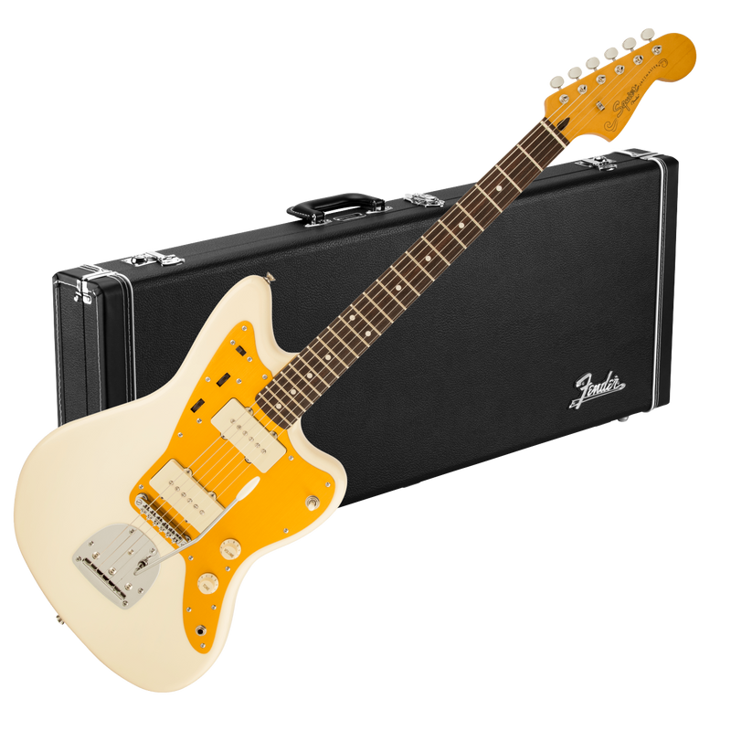 Squier J Mascis Jazzmaster - Gold Anodized Pickguard - Vintage White with Fender Classic Wood Case