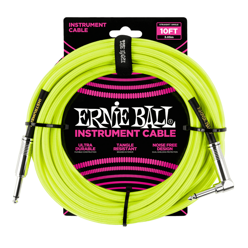 Ernie Ball 10' Braided Straight / Angle Instrument Cable Neon - Yellow - Safe Haven Music