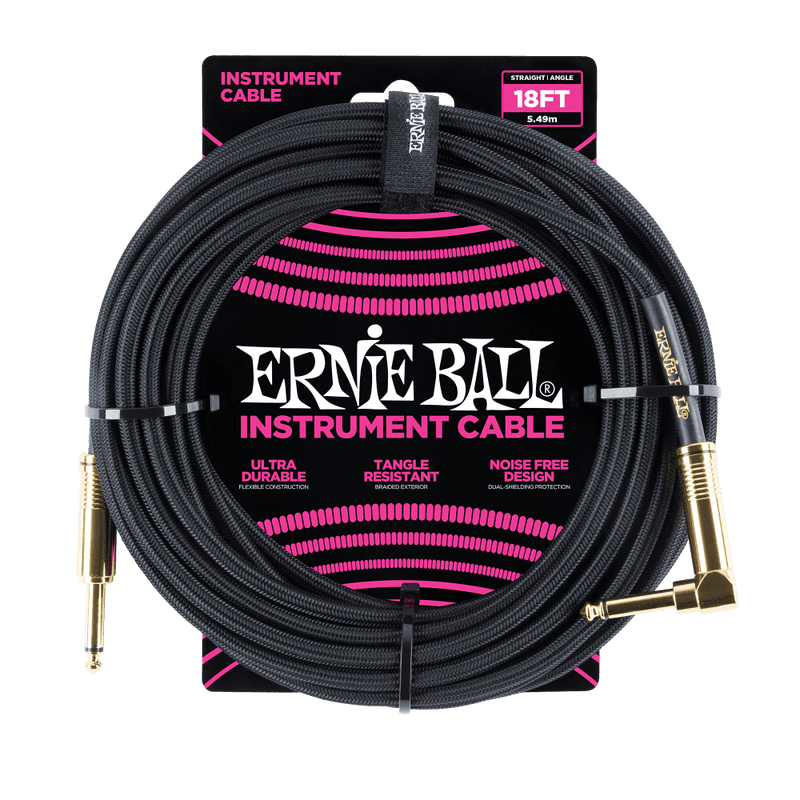 Ernie Ball 18' Braided Straight / Angle Instrument Cable - Black w/Gold Connectors - Safe Haven Music