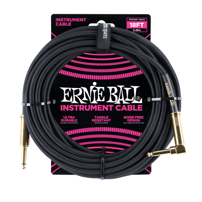 Ernie Ball 18' Braided Straight / Angle Instrument Cable - Black w/Gold Connectors - Safe Haven Music
