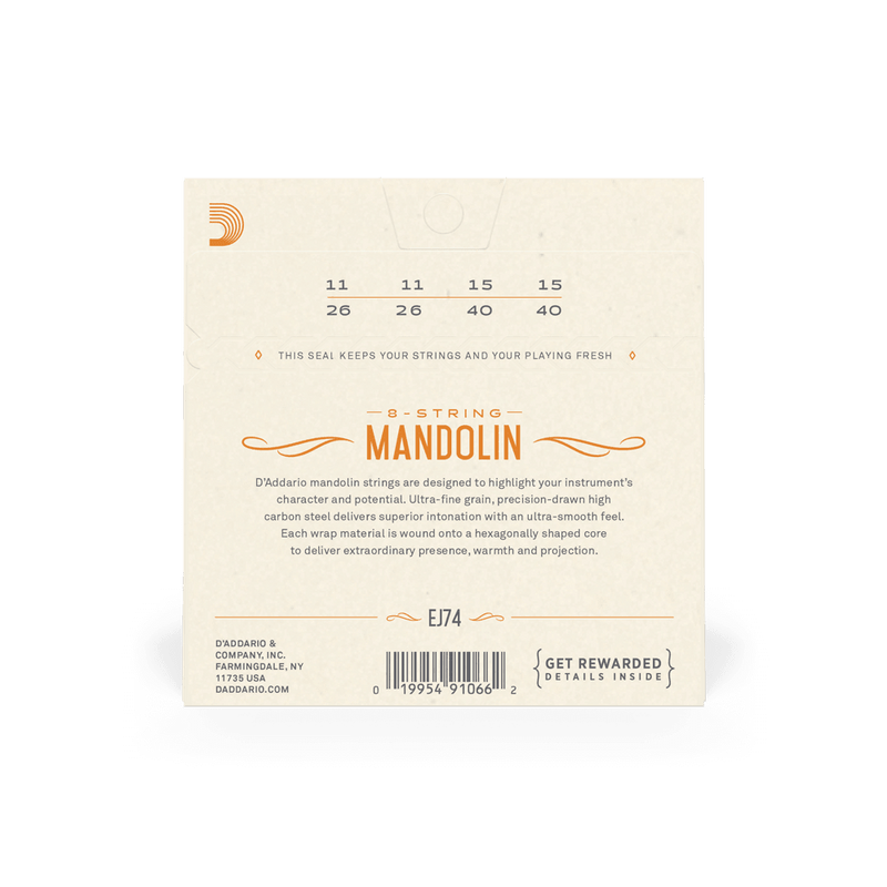 D'Addario EJ74 Mandolin Strings, Phosphor Bronze, Medium, 11-40 - Safe Haven Music