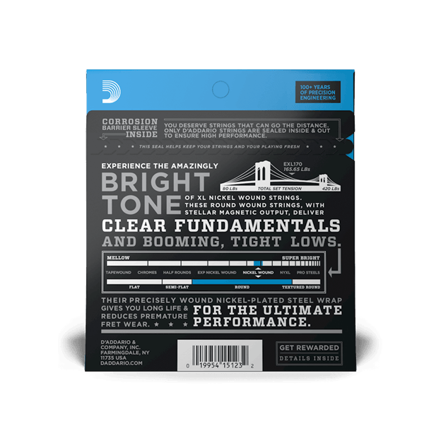 D'Addario EXL170 Nickel Wound Bass Guitar Strings, Light, 45-100, Long Scale - Safe Haven Music