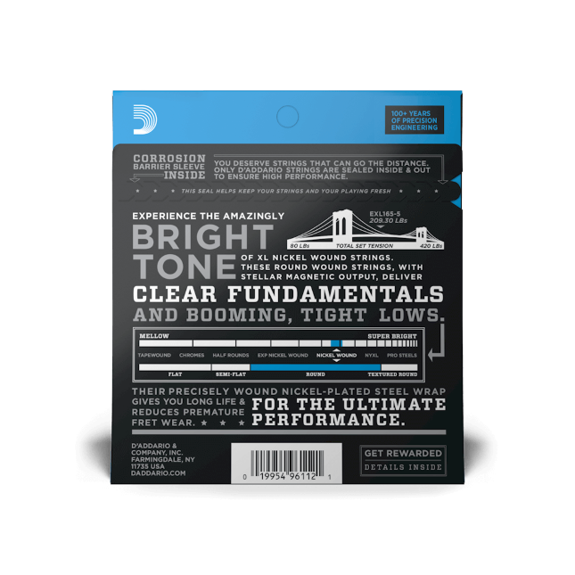 D'Addario 45-135 Regular Light Top/Medium Bottom 5-String, Long Scale, XL Nickel Bass Strings